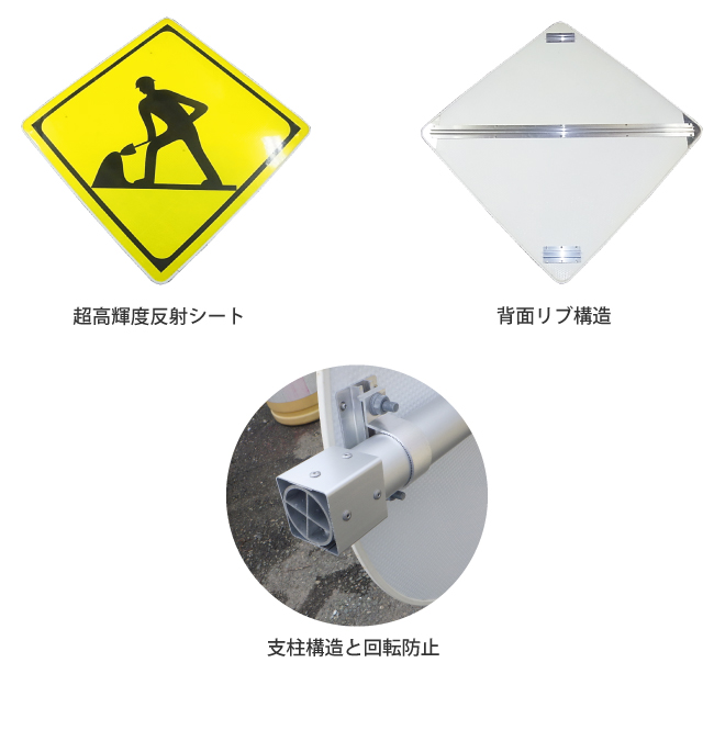 MQ標識(超高輝度反射シート、背面リリブ構造、支柱構造と回転防止)